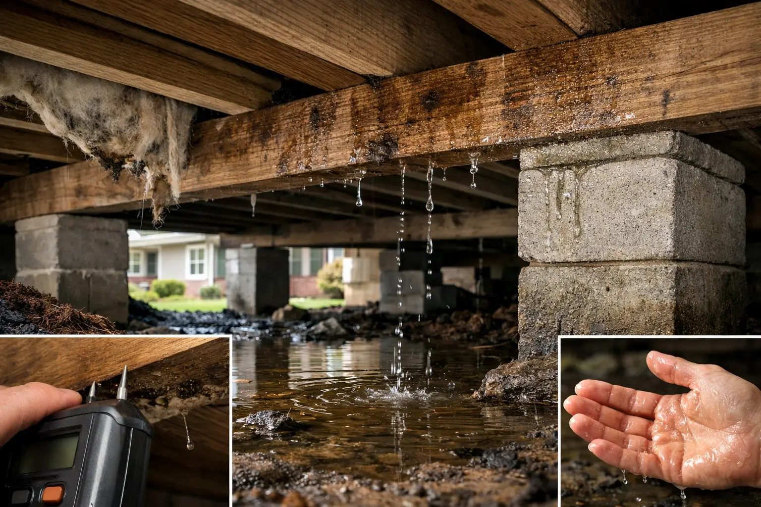 Moisture dripping from wooden beams in a pier and beam foundation, with visible standing water and tools for moisture inspection, highlighting common issues in Southeast Texas homes.