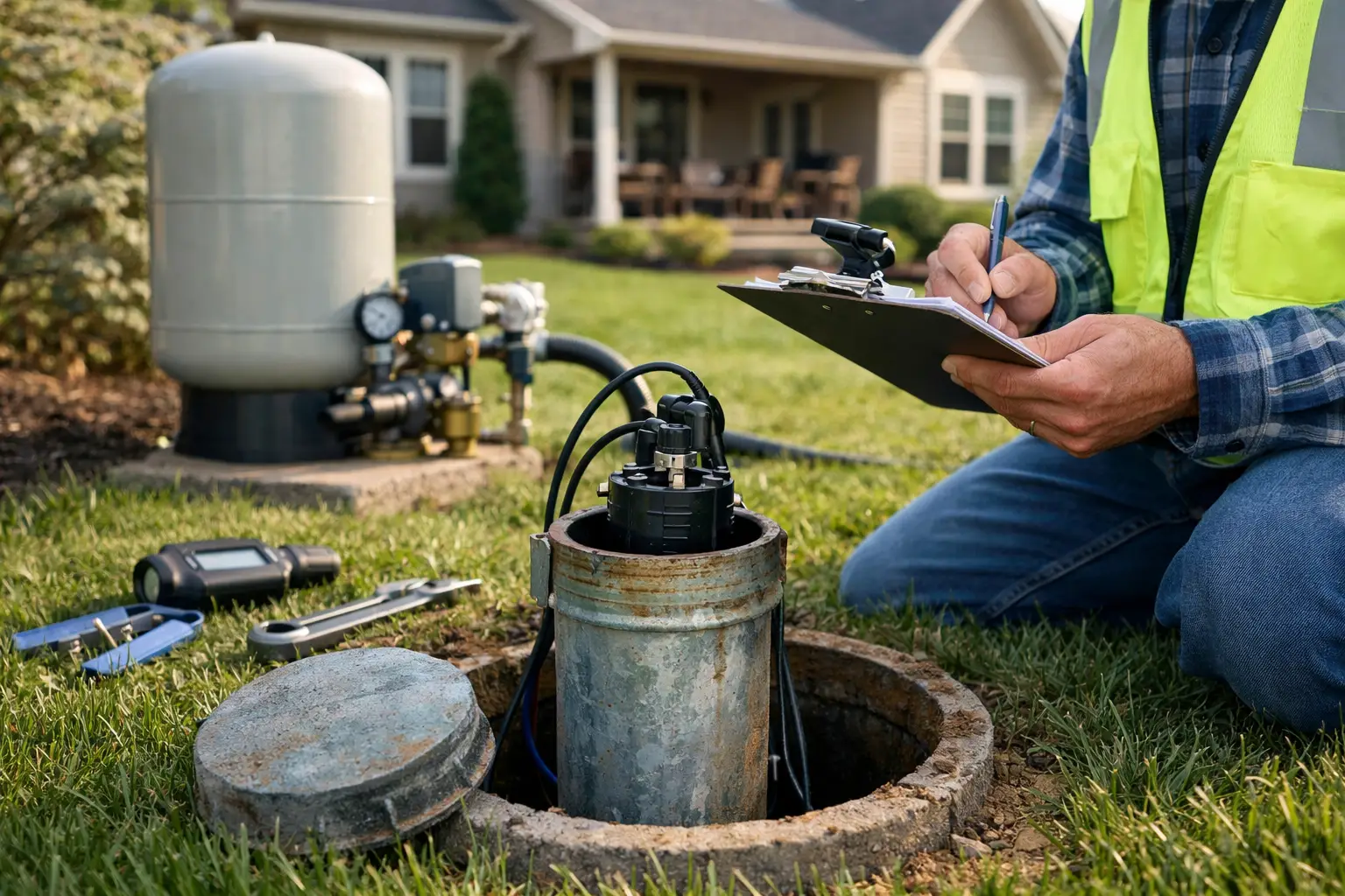 Technician conducting a water well inspection with clipboard and tools, focusing on pump and pressure tank in rural property setting.