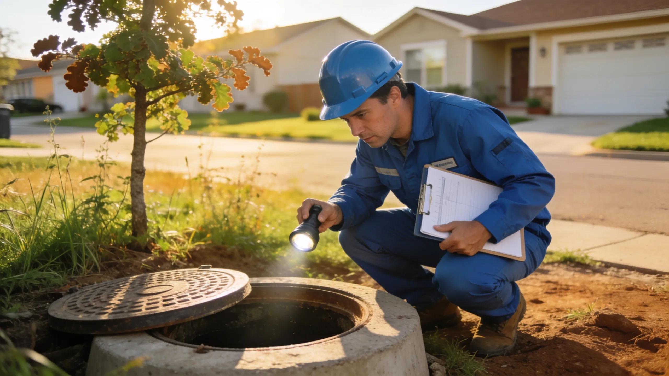 Home inspector assessing a septic system in Beaumont, TX, highlighting crucial pre-purchase inspection processes.