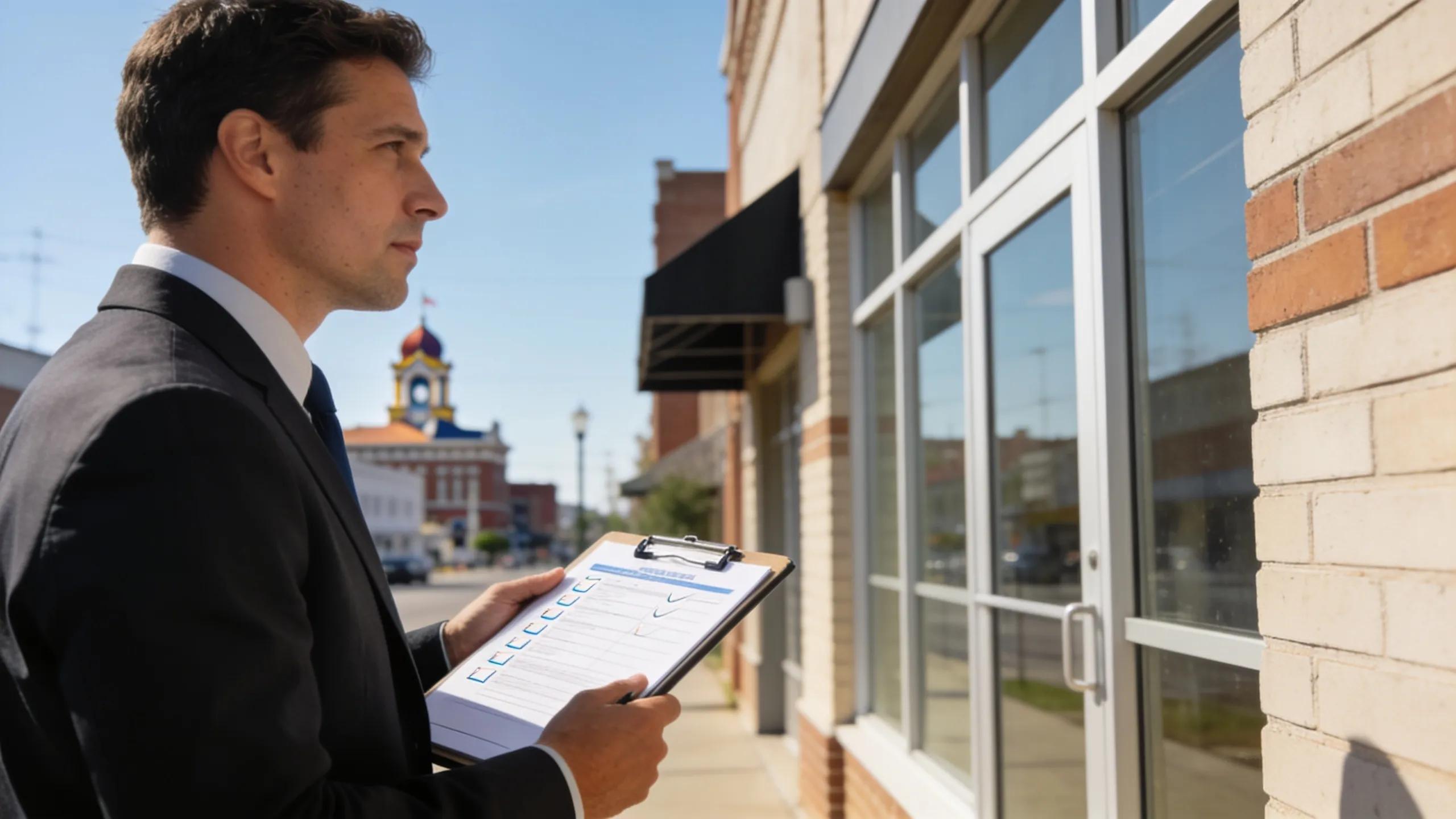 Inspector evaluating a commercial building in Beaumont, TX, focusing on compliance and investment protection.