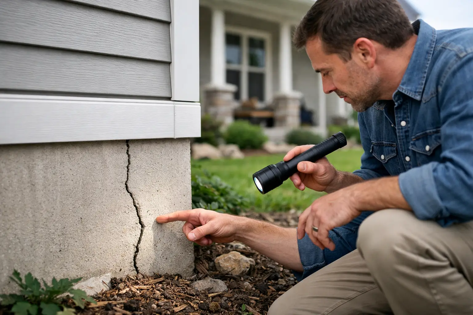 Home inspector examining foundation crack with flashlight, identifying signs of foundation movement.