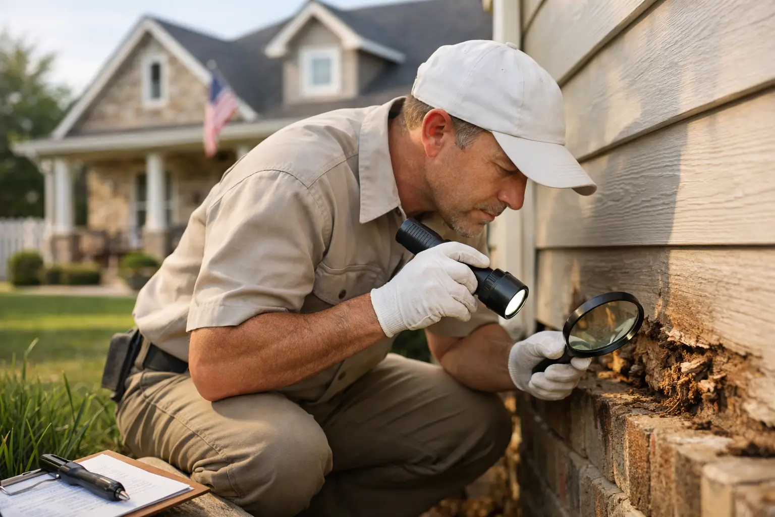 VA loan termite inspection in Texas: inspector examining house siding with flashlight and magnifying glass