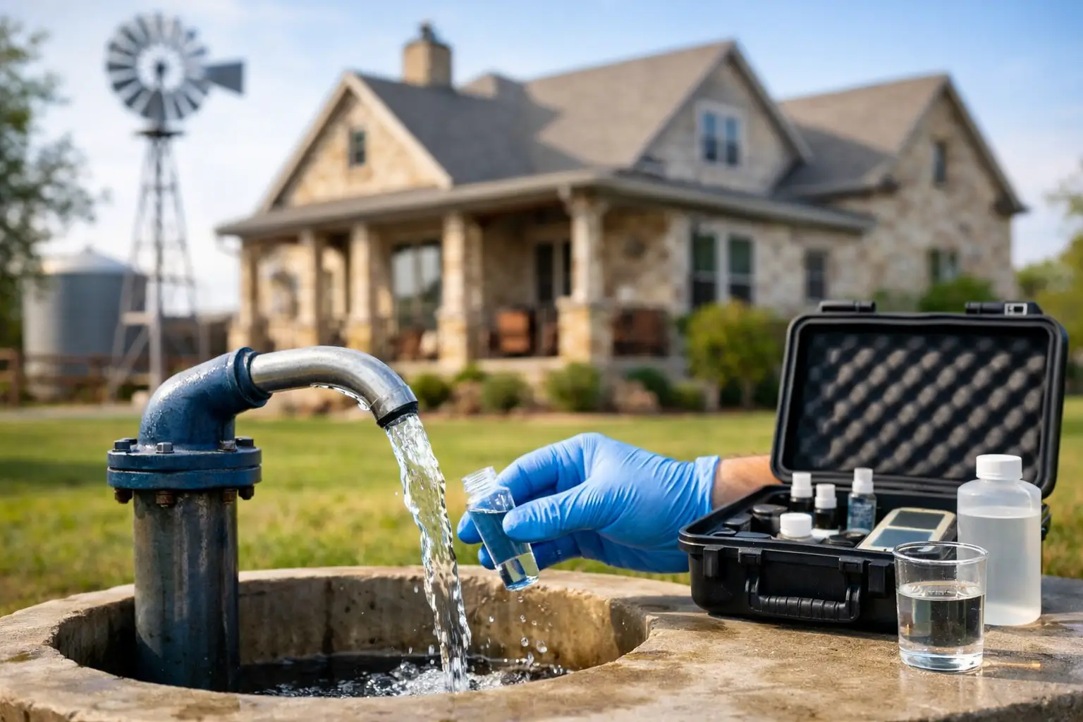 Water well testing equipment and sample collection near Texas home and windmill.